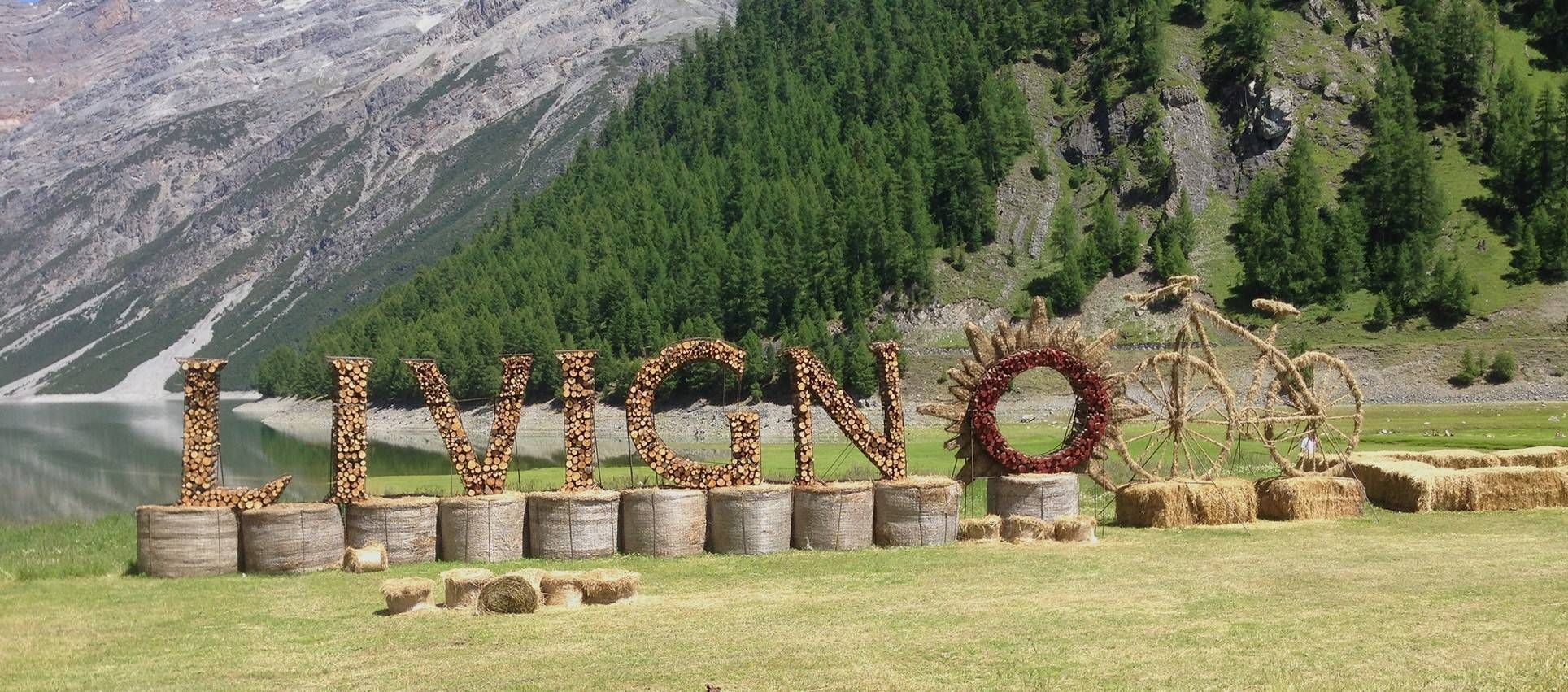 La scritta Livigno fatta di tronchi sul prato in estate